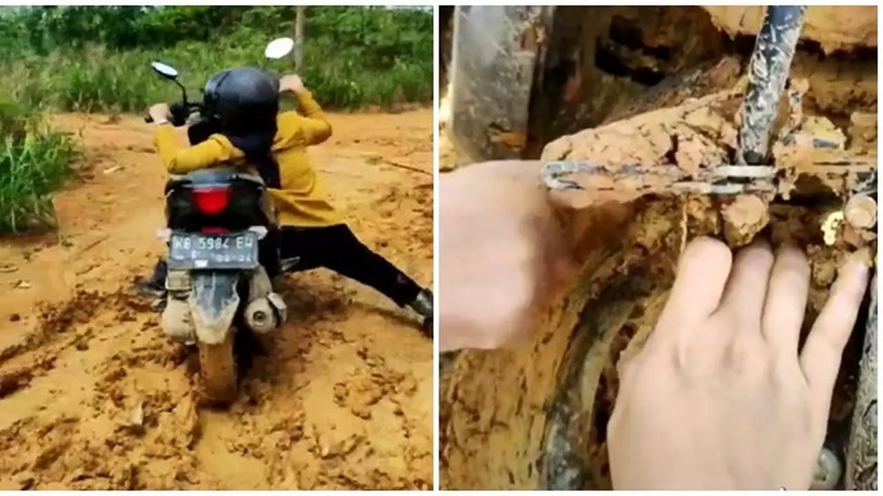 Terjebak di Lumpur, Aksi Wanita Menahan Motornya Agar Tidak Jatuh Ini Kocak