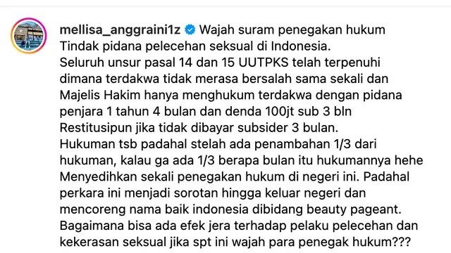 Unggahan Mellisa Anggraini. (Foto: Dok. Instagram @mellisa_anggraini1z)