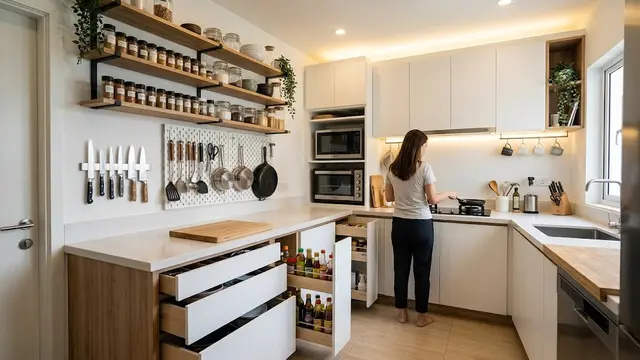 Model Dapur Kecil dengan Penyimpanan Vertikal agar Leluasa saat Masak/AI Generated