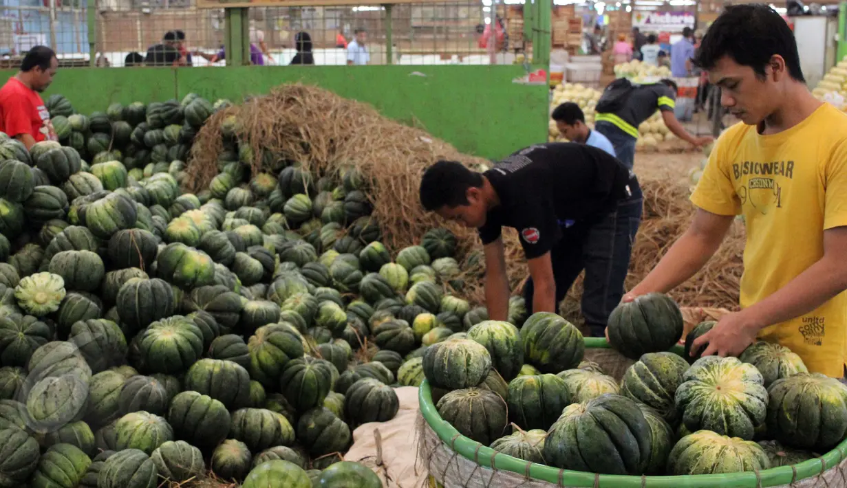 Pekerja merapikan buah blewah di Pasar Induk Kramat Jati, Jakarta, Selasa (9/6/2015). Jelang Ramadan, Semangka dijual Rp7.000/kg sedangkan Blewah Rp6.000/kg. (Liputan6.com/Helmi Afandi)