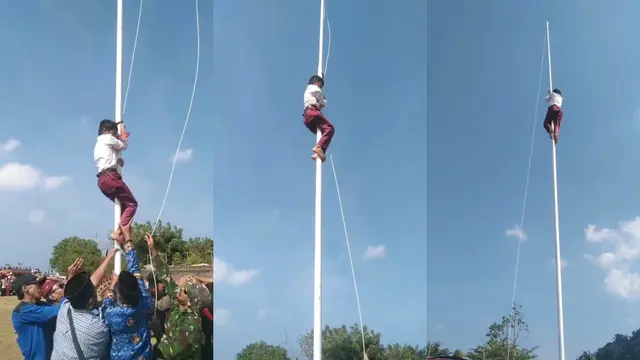 Aksi Bocah SD di Lampung Naik Tiang Demi Merah Putih Tetap Berkibar