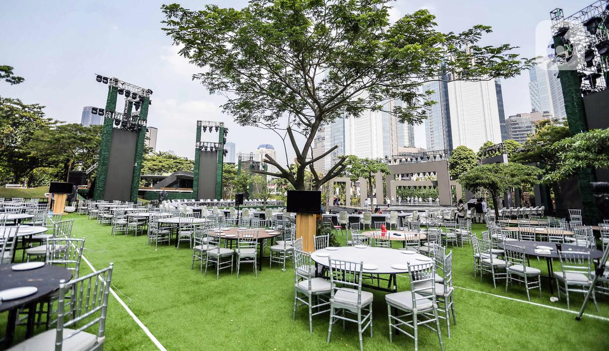 Gala dinner tersebut siap dilaksanakan di Hutan Kota Gelora Bung Karno (GBK). Hutan Kota GBK sendiri berada di dalam kawasan Kompleks Stadion GBK, Senayan, Jakarta. (Liputan6.com/Faizal Fanani)