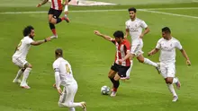 Jalannya pertandingan Athletic Bilbao vs Real Madrid di Stadion San Mamés Barria, Bilbao, Minggu (5/7/2020). (AP Photo/Alvaro Barrientos)