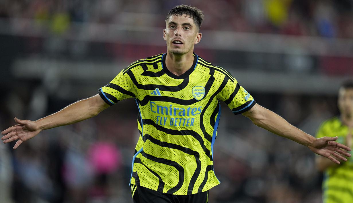 Selebrasi gelandang Arsenal, Kai Havertz setelah mencetak gol kelima timnya ke gawang MLS All-Stars pada laga pramusim 2023/2024 di Washington DC, Amerika Serikat, Kamis (20/7/2023) pagi WIB. (AP Photo/Alex Brandon)