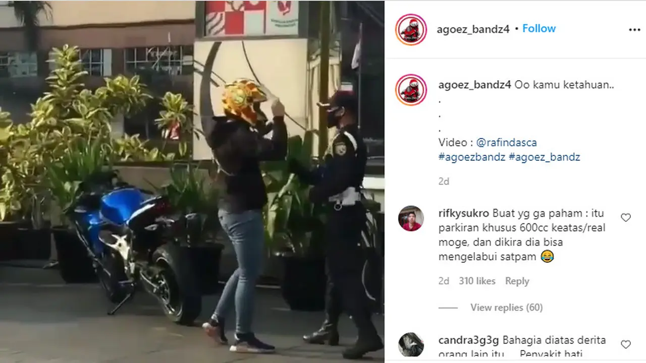 Dalam video tersebut terdapat seorang pemuda memarkirkan motor sport naked miliknya di deretan kendaraan moge.