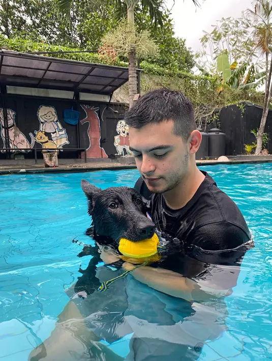 Begini momen kebersamaan Ciccio bersama Kyoto saat pertama kali masuk ke dalam air. Anjing yang dipelihara Ciccio dan Natasha ini pun memiliki akun media sosial Instagramnya sendiri dan memiliki jumlah pengikut cukup banyak lho. (Liputan6.com/IG/@ciomanassero)