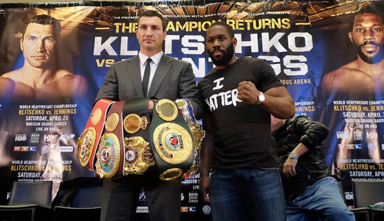 Petinju 38 tahun asal Ukraina yang memegang gelar juara IBF, IBO, WBA, dan WBO ini akan mencoba mempertahankan empat gelarnya tersebut di Madison Square Garden pada 25 April 2015. Foto diambil pada Rabu (4/2/2015). (AFP Photo/Jewel Samad) 