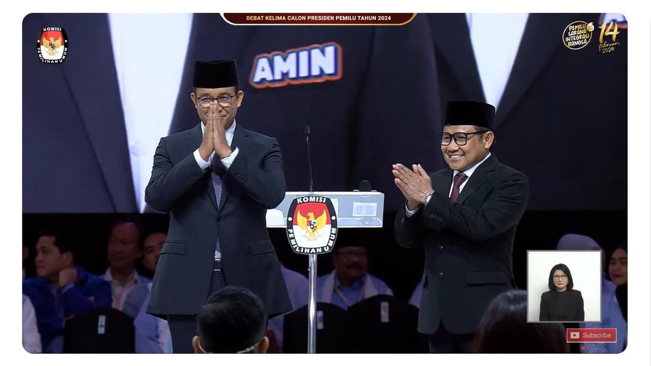 Calon Presiden (Capres) dan Calon Wakil Presiden (Cawapres) nomor urut 01 Anies Baswedan-Muhaimin Iskandar memasuki lokasi debat Pilpres 2024, Minggu (4/2/2024).