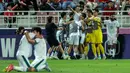 <p>Selebrasi para pemain Irak U-23 merayakan gol kedua ke gawang Timnas Indonesia U-23 yang dicetak Ali Jasim (tengah) pada laga perebutan tempat ketiga Piala Asia U-23 2024 di Abdullah bin Khalifa Stadium, Doha, Qatar, Kamis (2/5/2024). (AFP/Karim Jaafar)</p>