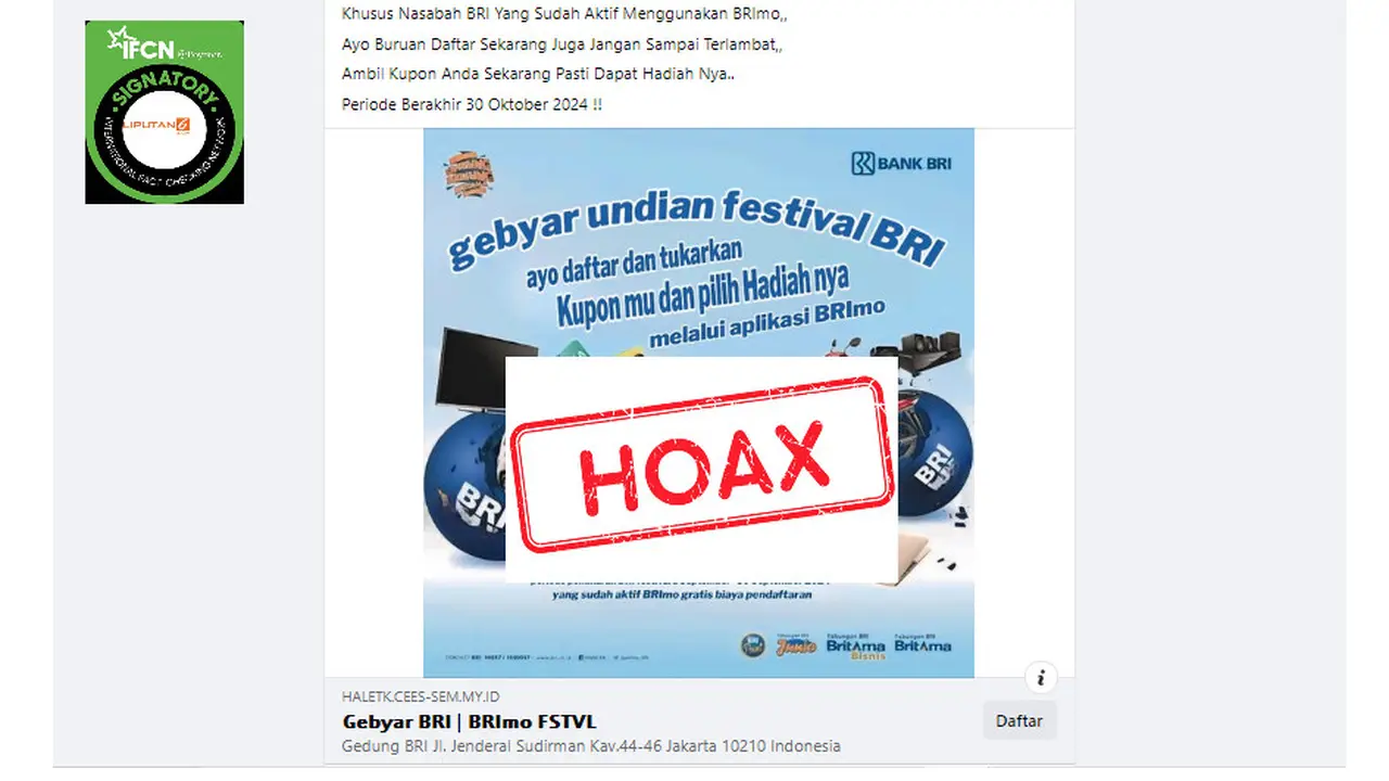 Tangkapan layar hoaks undian BRI