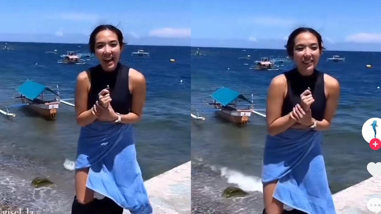 Foto detik-detik celana Gisella Anastasia melorot saat wawancara