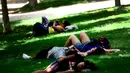Sejumlah warga berbaring di rumput di taman Retiro di Madrid, saat terjadi gelombang panas, pada 13 Juli 2017. (AFP Photo/Gerard Julien)