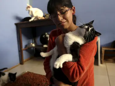 Lizi Inga saat memegang seekor kucing dirumahnya, Lima, Peru (4/8/2015). Inga merupakan seorang wanita yang mempunyai penampungan kucing sekitar 50 ekor dirumahnya sendiri. (Reuters/Mariana Bazo)