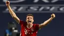 3. Thomas Muller - Pemain asal Jerman ini tampil kreatif dalam merusak pertahanan setiap lawan Bayern Munchen di kompetisi Liga Champions musim ini. Muller menyumbangkan empat gol dan dua assist dari 10 laganya bersama Bayern Munchen di Liga Champions 2019/2020. (AFP/Matthew Childs/pool