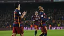 Ekspresi Neymar setelah mencetak gol ke gawang Athletic Bilbao dalam pertandingan leg kedua perempat final Copa del Rey di Stadion Camp Nou, Barcelona, Kamis (28/1/2016) dini hari WIB. (Reuters/Albert Gea)