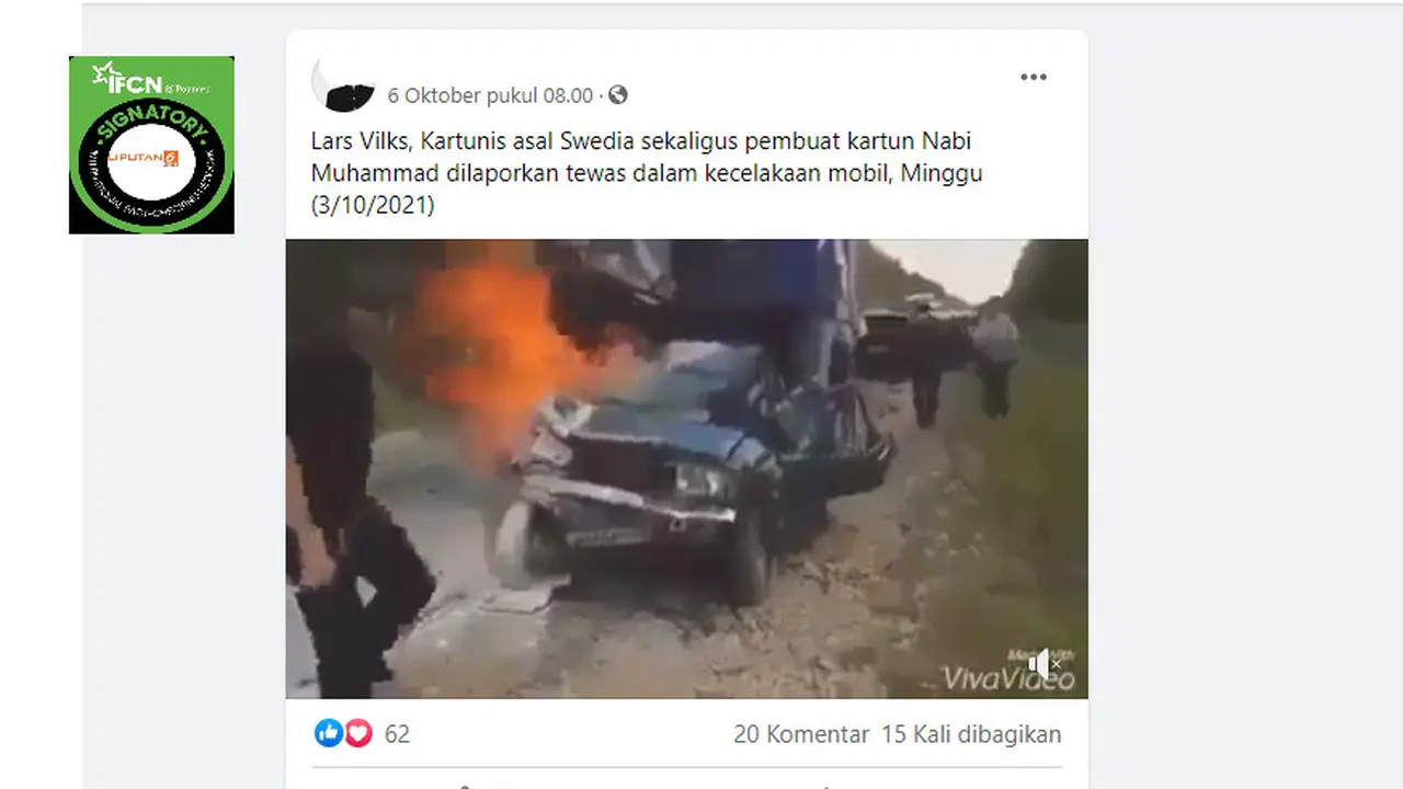 Cek Fakta Liputan6.com menelusuri klaim video kecelakaan yang menewaskan pembuat karikatur Nabi Muhammad Lars Vilks