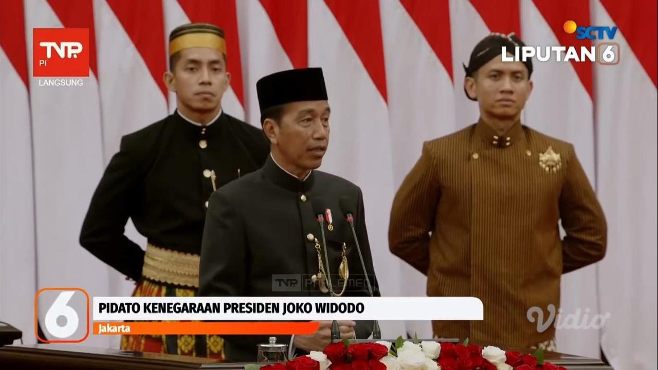 Presiden Joko Widodo atau Jokowi dalam pidato Sidang Tahunan MPR, DPR, DPD tahun 2024 di Gedung Parlemen Jakarta.