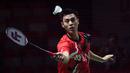Shesar Hiren Rhustavito mampu memenangi babak 32 besar Indonesia Masters 2023 dengan mengalahkan pebulu tangkis tunggal putra India, Kidambi Srikanth dengan kemenangan dua game langsung 21-10, 24-22. (Bola.com/Bagaskara Lazuardi)