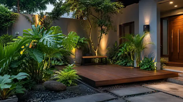 Desain Zen Tropis dengan Dek Kayu dan Tanaman Rimbun