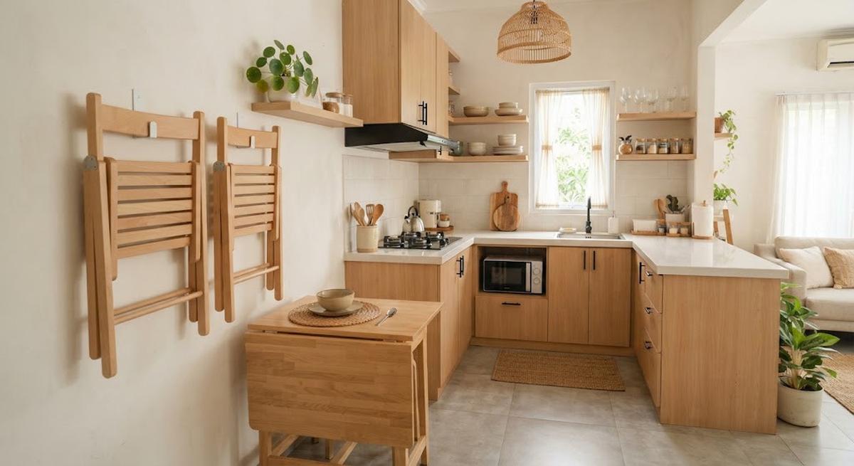 Ide dapur kecil dengan meja makan lipat yang cocok buat rumah minimalis model dengan kursi yang bisa disimpan