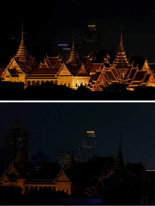 Kombinasi foto dari Grand Palace sebelum dan saat memperingati  Earth Hour di Bangkok (19 /3/2016). (Reuters/Jorge Silva)