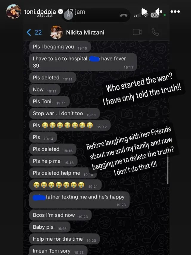 Sebagian percakapan Nikita Mirzani via WhatsApp yang dibocorkan Antonio Dedola di medsos. (Foto: Dok. Instagram @toni.dedola)