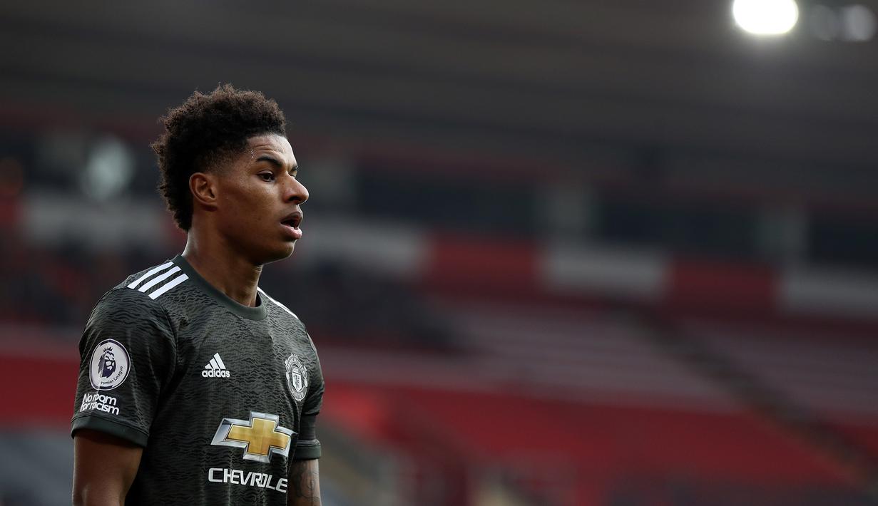 4. Marcus Rashford (6 gol) - Penyerang berusia 23 tahun ini tampil apik dan telah mengoleksi enam gol di Liga Champions. Namun sayang, Manchester United harus tersingkir dan Marcus Rashford tidak dapat menambah koleksi golnya di Liga Champions musim ini. (AFP/Naomi Baker/pool)