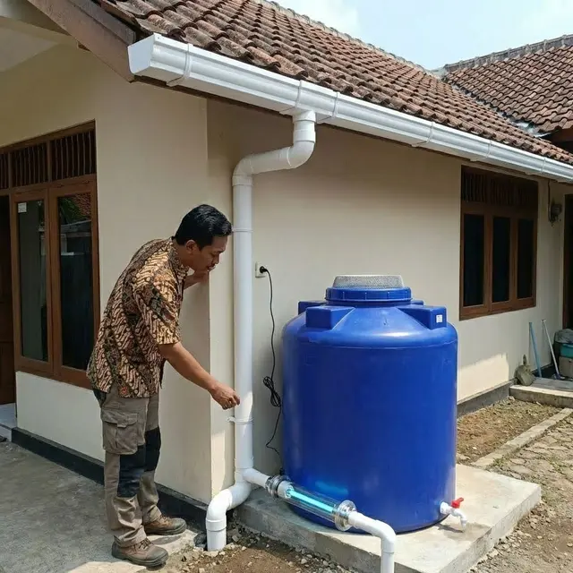 Pemberian Desinfeksi Alami atau Ultraviolet di Dekat Penampung Air Hujan (Gemini AI)