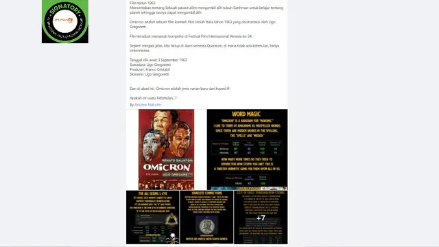 Cek Fakta Liputan6.com menelusuri klaim varian baru Covid-19 Omicron berhubungan dengan film komedi-fiksi ilmiah Italia tahun 1963