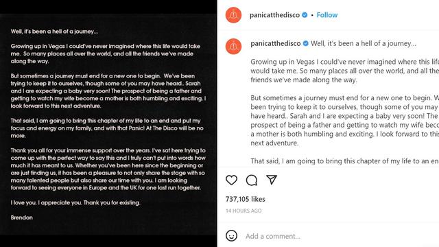 Unggahan Brendon Urie tentang Panic! At The Disco. (Instagram/ panicatthedisco)