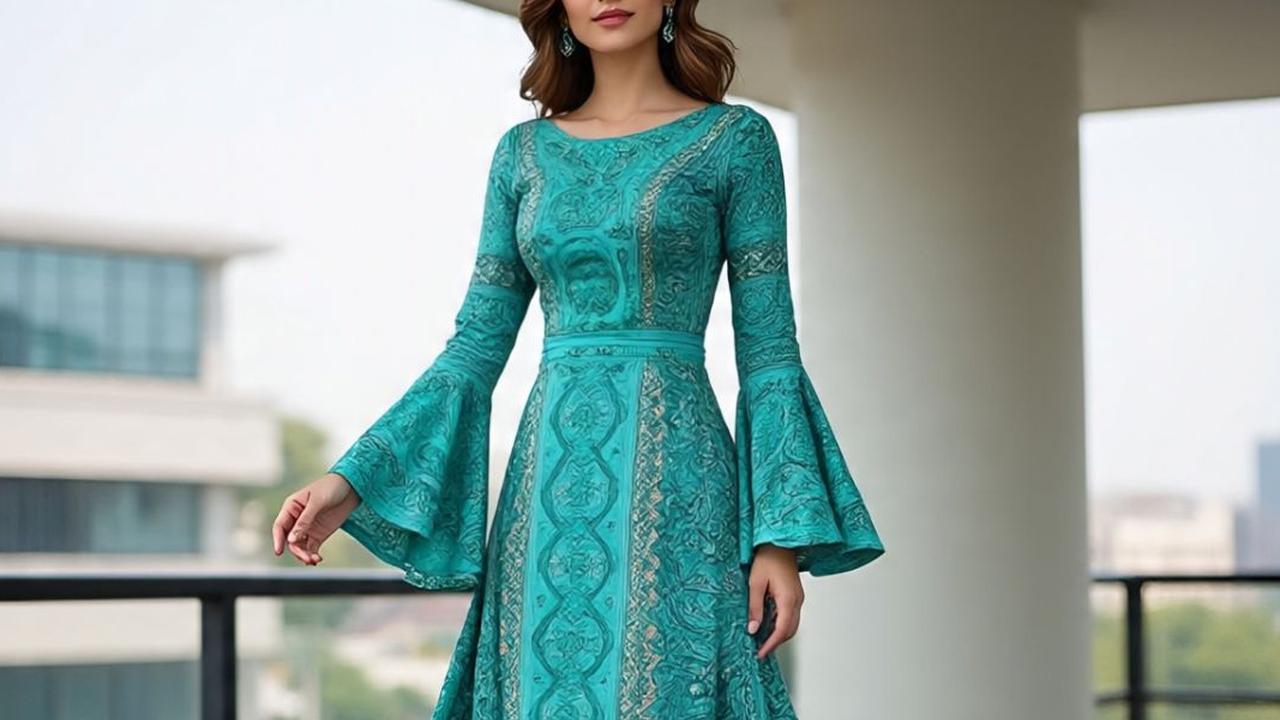 Long Dress Batik Brokat Lengan Trompet