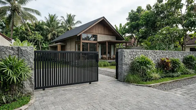 Gerbang Batu Alam dan Besi Minimalis