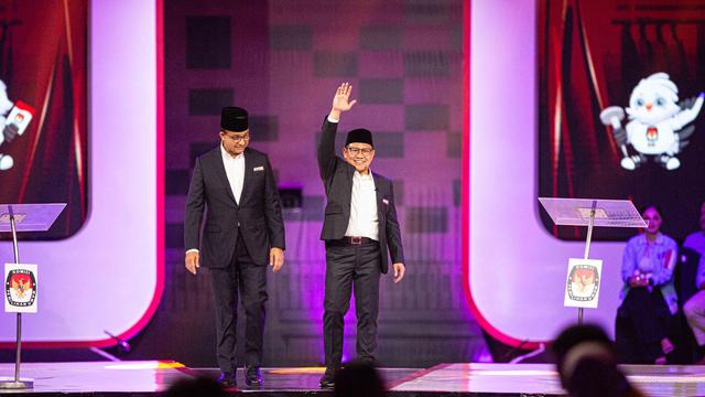 Paslon nomor urut 1, Anies Baswedan dan Muhaimin Iskandar (Cak Imin), dalam debat cawapres