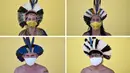 Pemimpin dan ketua kelompok etnis Pataxo Hahahae, Angoho (kiri atas), Hayo (kanan atas) dan anggota kelompok etnis Pataxo Hahahae, Juari (kiri bawah), Hatxotxay (kanan bawah) mengenakan masker saat difoto di Vila Vitoria favela di Belo Horizonte, Brasil (8/7/2020). (AFP/Douglas Magno)