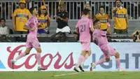 Skuad Inter Miami merayakan gol Luis Suarez ke gawang Tigres di babak perempat final Leagues Cup 2025 (AP Photo/Lynne Sladky)