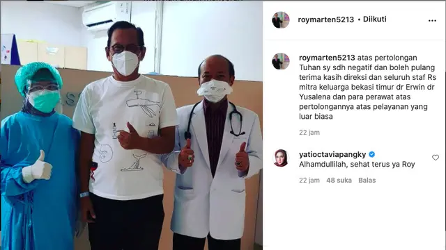 Roy Marten dinyatakan telah negatif Covid-19.