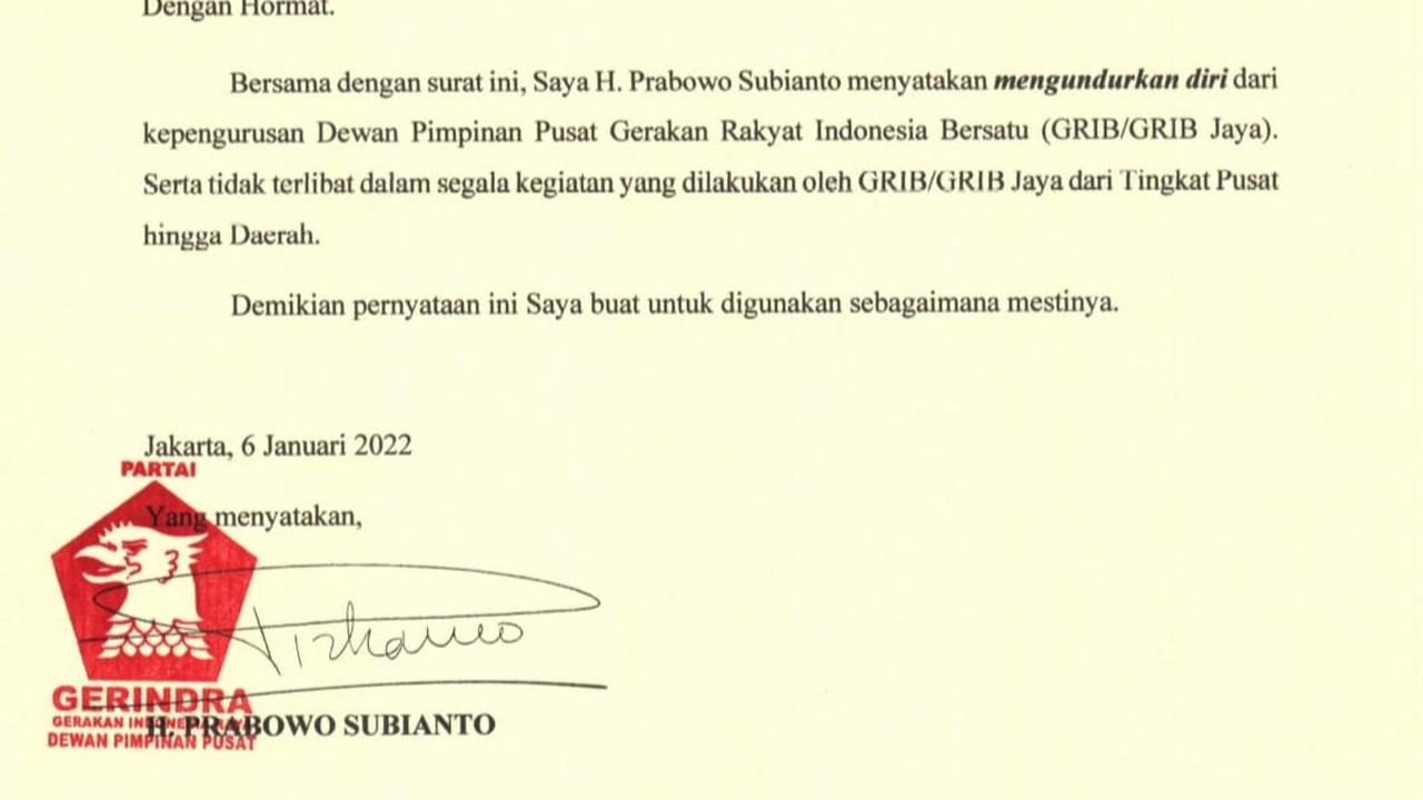 Surat Prabowo Mundur dari GRIB Jaya