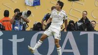 Gonzalo Garcia merayakan gol pembuka untuk Real Madrid dalam laga babak 16 besar Piala Dunia Antarklub melawan Juventus di Miami Gardens, Florida,&nbsp;Rabu (2/7/2025). (AP Photo/Lynne Sladky)