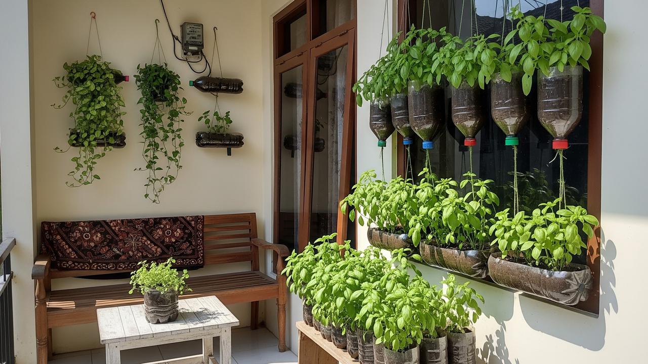 Kebun Sayur Kemangi dari Botol Bekas yang Cocok untuk Hiasan Teras
