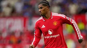 Marcus Rashford dari Manchester United beraksi saat pertandingan Liga Inggris antara Manchester United dan Ipswich Town di Manchester, Inggris, Minggu, 30 Agustus 2026. (AP Photo/Dave Thompson)
