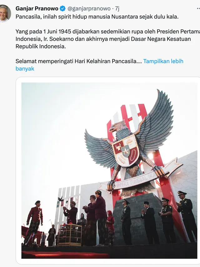 Ucapan Selamat Hari Lahir Pancasila dari Ganjar Pranowo. (Foto: Dok. Twitter @ganjarpranowo)