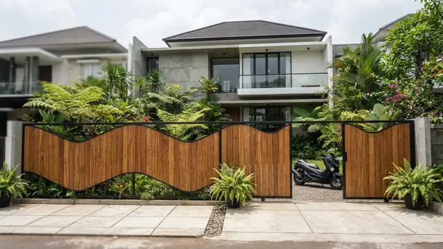 Model Pagar dengan Gerbang Kayu yang Terlihat Natural