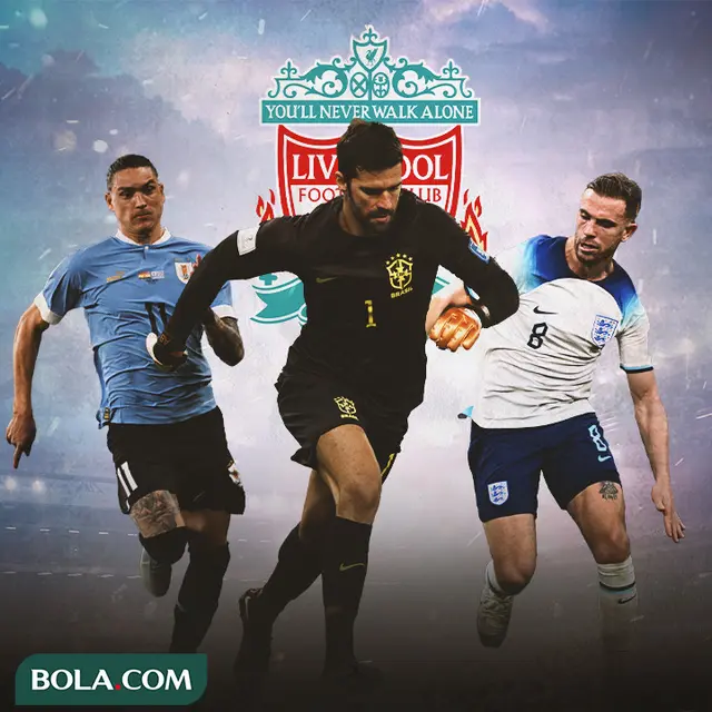 Ilustrasi - Darwin Nunez, Alisson Becker, Jordan Henderson dengan Logo Liverpool