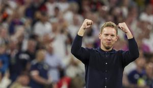 Ekspresi gembira pelatih Timnas Jerman Julian Nagelsmann usai timnya mampu rebut 3 poin pertama lawan Skotlandia (AP)