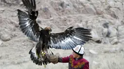 Seorang pria Kirgistan memegang elang emas selama festival berburu "Salburun" di Tuura-Suu, desa kecil di antara pegunungan di Bishkek, Kyrgyzstan, Selasa (23/2/2021). Salburun berasal dari tradisi nomaden berburu dan melindungi penggembala dari predator seperti serigala. (AP Photo/Vladimir Voronin)