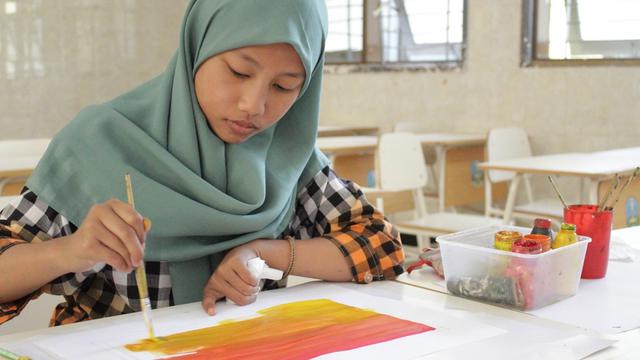 Ilustrasi muslim, siswa, melukis, menggambar