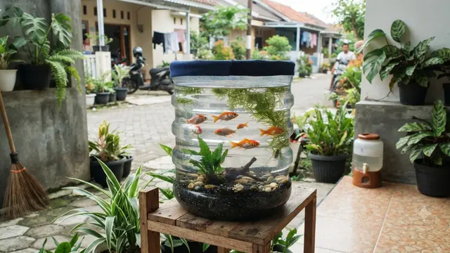 Ide Kolam Mini dari Barang Bekas Model Penggunaan Galon Air Mineral Kosong