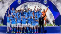 Manchester City akhirnya berhasil keluar sebagai juara Liga Champions 2022/2023. The Citizens sukses mengangkat trofi Si Kuping Besar setelah mengalahkan Inter Milan. (AP Photo/Manu Fernandez)