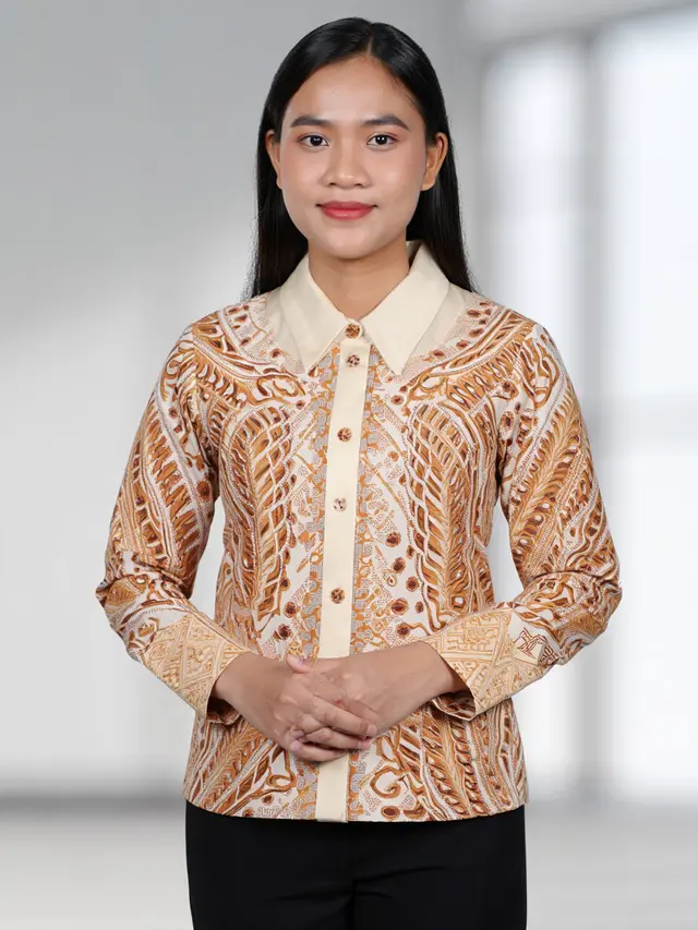 Kemeja Batik Wanita Kombinasi Kain Polos dan Kerah Blazer Kekinian