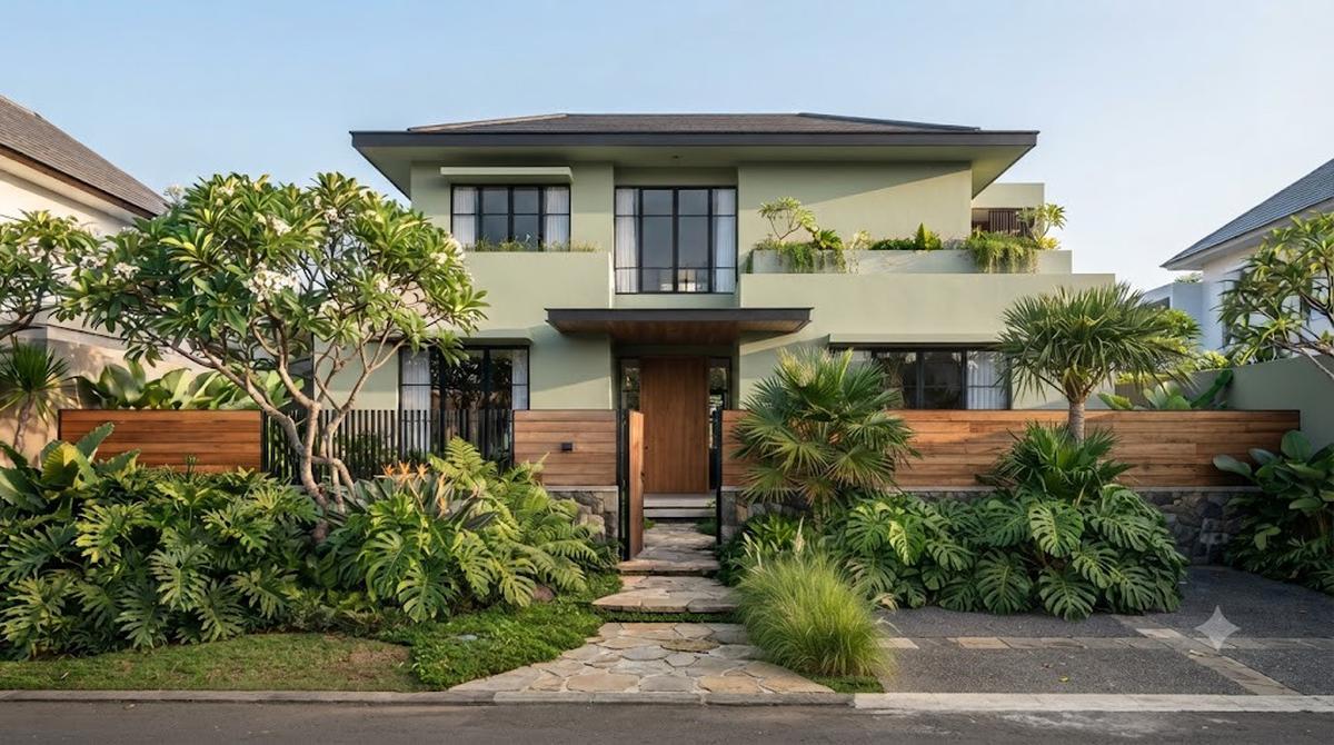 Warna Hijau Sage Cat Luar Rumah Dipadukan dengan Pagar Earthy